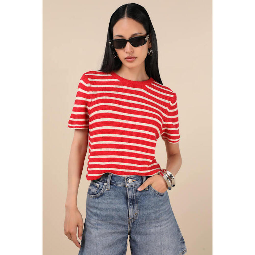 Red Striped Short Sleeve Sweater